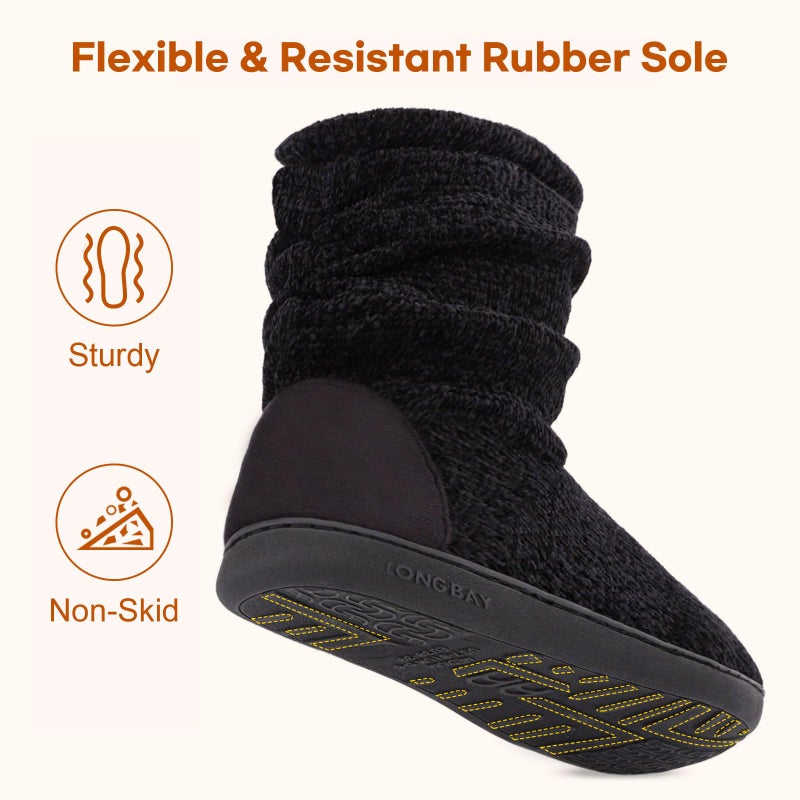 LongBay Women's Chenille Knit Bootie Slippers Cute Plush Fleece Memory Foam House Shoes (X-Large / 11-12 B(M), Black) - Image 5